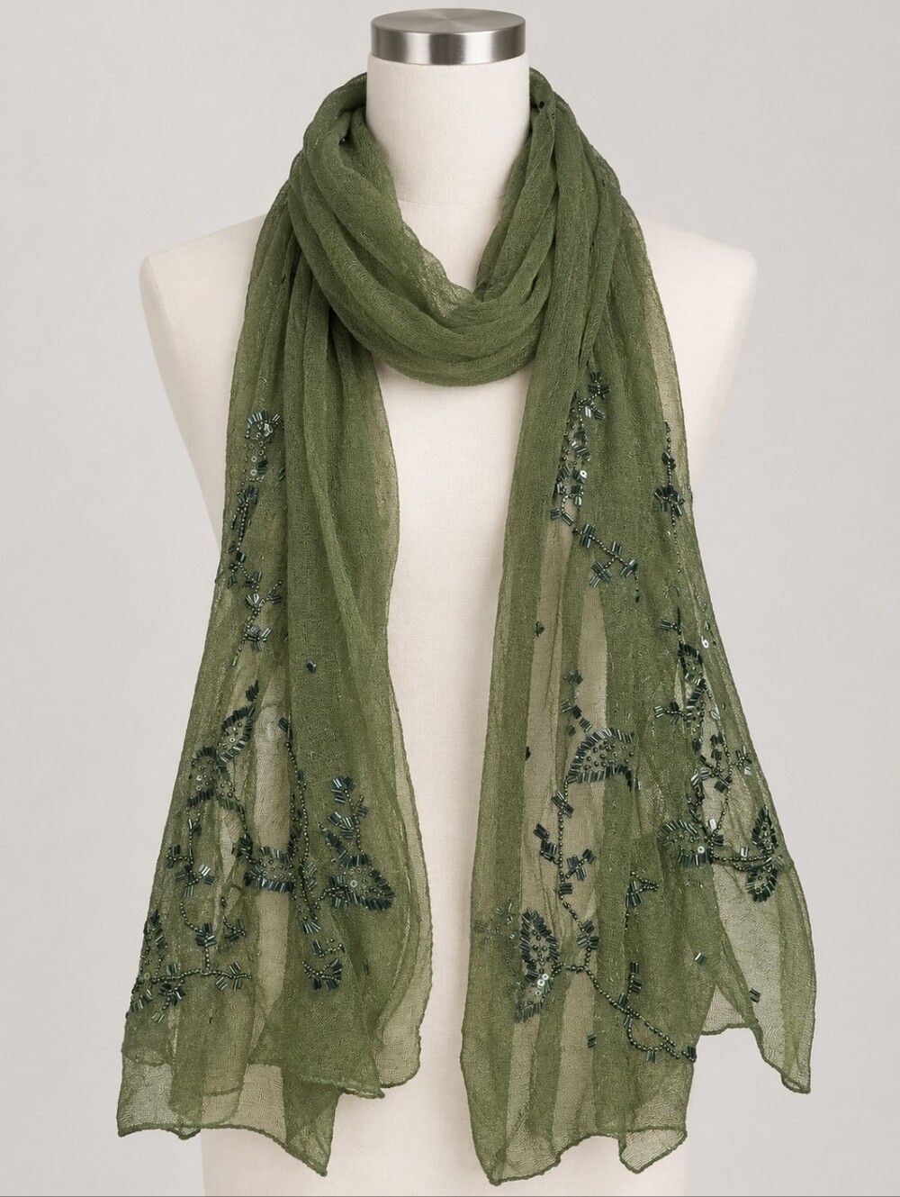 MONYA olive green Women's sheer Scarf  Shawls Head Scarves Rhinestones 88" Long